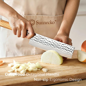 【Jin Series】Sunnecko Japanese Chef Knife Nakiri Vegetable Knife Carbon Steel 7 Inch Cleaver Knife Wood Handle Vintage Kitchen Chopper Knife with Hand Forged Hammered Pattern