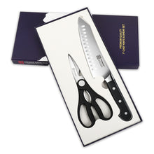 Load image into Gallery viewer, Stainless Steel 2-Piece Kitchenware Set - Straight Edge Knives, Reusable Santoku Cutting Knife, Salad & Cheese Prep Kitchen Scissors, Essential Kitchen Utensils