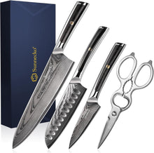 Load image into Gallery viewer, 【Damascus Kitchen Set with Scissors】Sunnecko Kitchen Knife Set of 4 pcs -Damascus Knife Gift for family & friends