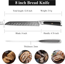 Load image into Gallery viewer, 【Elite A Series】Sunnecko 8" Pointed Serrated Knife for Slicing Sourdough Bread Loaf Brisket VG10 Damascus