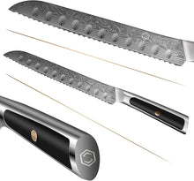 Load image into Gallery viewer, 【Elite A Series】Sunnecko 8" Pointed Serrated Knife for Slicing Sourdough Bread Loaf Brisket VG10 Damascus