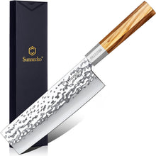 Load image into Gallery viewer, 【Jin Series】Sunnecko Japanese Chef Knife Nakiri Vegetable Knife Carbon Steel 7 Inch Cleaver Knife Wood Handle Vintage Kitchen Chopper Knife with Hand Forged Hammered Pattern