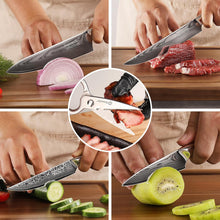 Load image into Gallery viewer, 【Damascus Kitchen Set with Scissors】Sunnecko Kitchen Knife Set of 5pcs-Damascus Knife Gift for family & friends