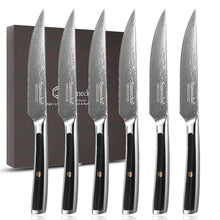 Load image into Gallery viewer, 【Damascus Cutlery】6pcs 5&quot; Damascus Non Serrated Steak Knives Set G10 Handle
