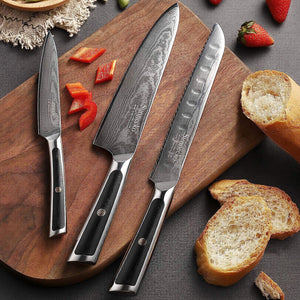 【Elite Series】3 Piece Knife Set 8" Chef Knife 8" Serrated Bread Knife 5 Inch Utility Knife VG10 Damascus