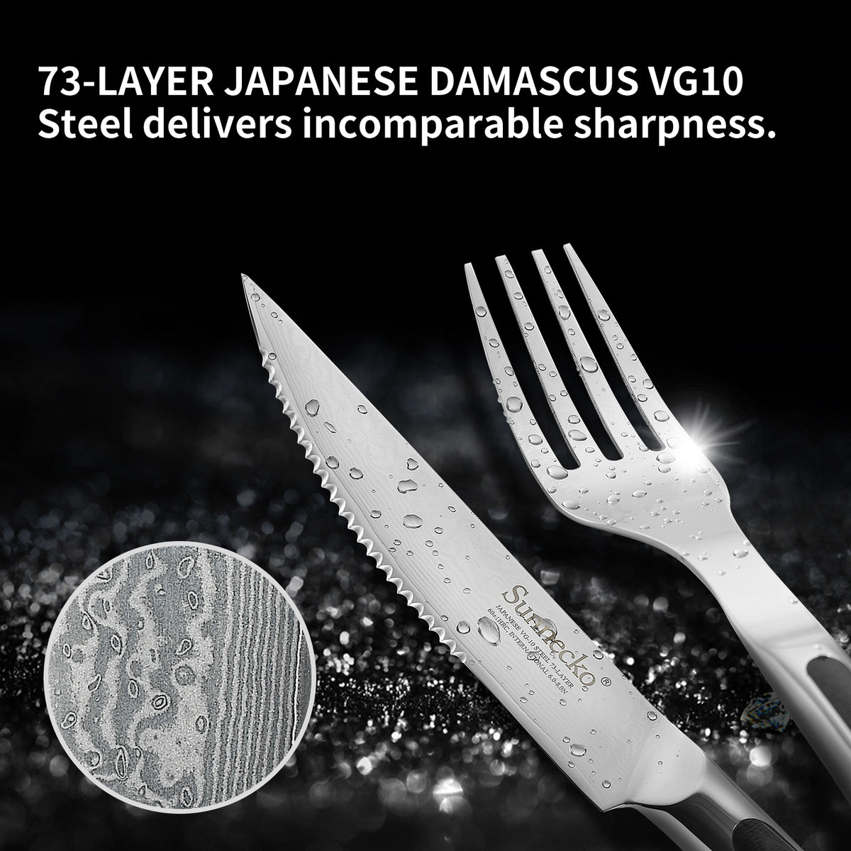  Sunnecko Damascus Steak Knife Set Non Serrated, Japanese VG10  Stainless Steel Steak Knife and Fork Set of 2, 5 Inch Steak Knives G10  Handle with Gift Box: Home & Kitchen