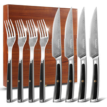 Load image into Gallery viewer, 【Damascus Cutlery】Damascus Steel 8pcs 5" Steak Knife and Fork Set Serrated