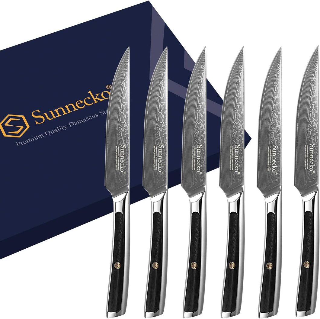 【Damascus Cutlery】Sunnecko Damascus 6 PCS Non-Serrated Steak Knives with gift box