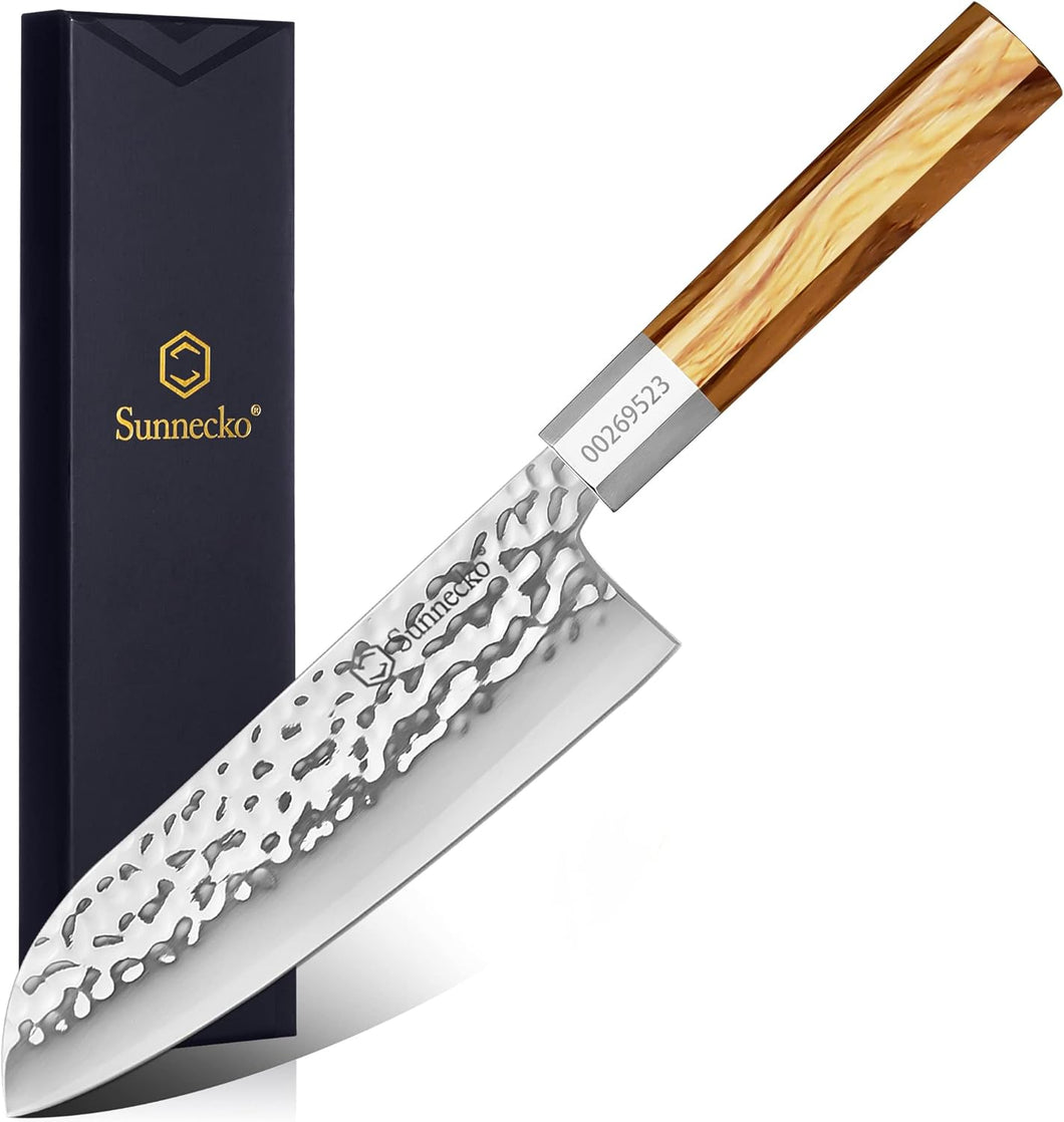【Jin Series】Sunnecko Japanese Santoku Chef Knife 7 Inch Santoku Knife Professional High Carbon Steel Santoku Knife Wooden Handle Hand Forged Chef Knife for Meat Cutting
