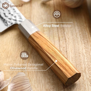 【Jin Series】Sunnecko Japanese Santoku Chef Knife 7 Inch Santoku Knife Professional High Carbon Steel Santoku Knife Wooden Handle Hand Forged Chef Knife for Meat Cutting