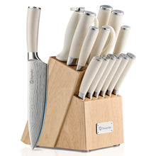 Load image into Gallery viewer, Sunnecko 15 Piece Kitchen Knife Set with Wooden Block &amp; Sharpener – High Carbon Stainless Steel Knives with White Handles
