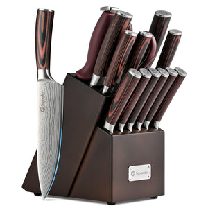 Sunnecko Knife Set with Block and Sharpener, 15 PCS Kitchen Knife Block Set Sharp Kitchen Knives High Carbon Stainless Steel with Pakkawood Handles