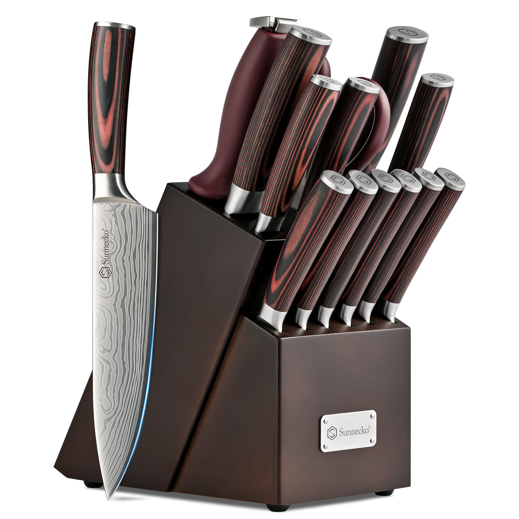 Sunnecko Knife Set with Block and Sharpener, 15 PCS Kitchen Knife Block Set Sharp Kitchen Knives High Carbon Stainless Steel with Pakkawood Handles