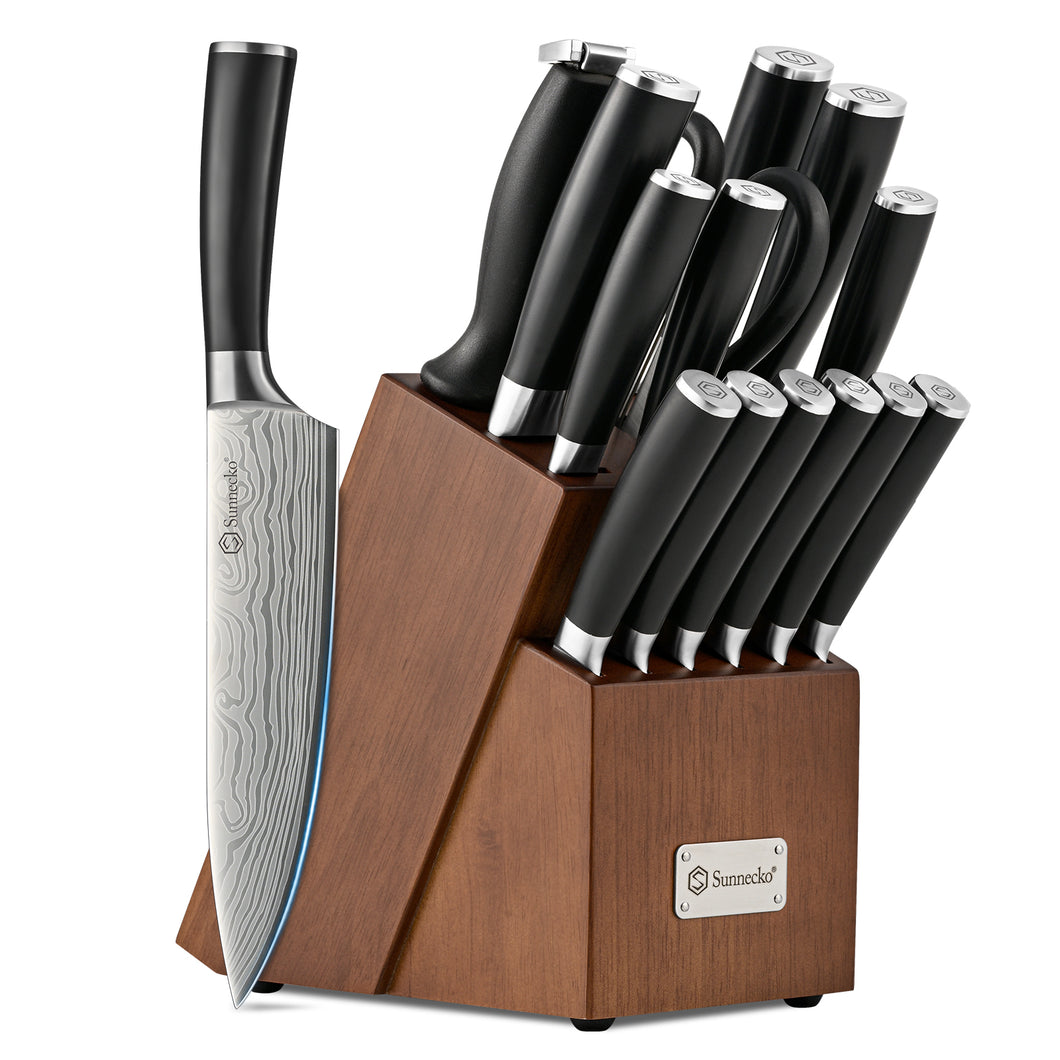 Sunnecko Knife Set with Block and Sharpener, 15 PCS Kitchen Knife Block Set Sharp Kitchen Knives High Carbon Stainless Steel with Black Handles