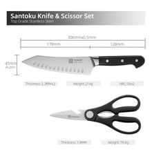 Load image into Gallery viewer, Stainless Steel 2-Piece Kitchenware Set - Straight Edge Knives, Reusable Santoku Cutting Knife, Salad &amp; Cheese Prep Kitchen Scissors, Essential Kitchen Utensils
