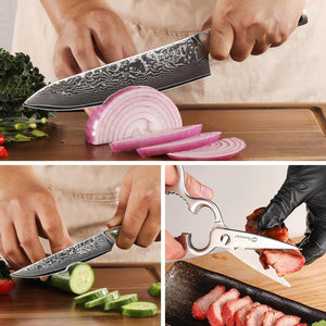 【Damascus Kitchen Set with Scissors】Sunnecko Knife Set of 3 pcs