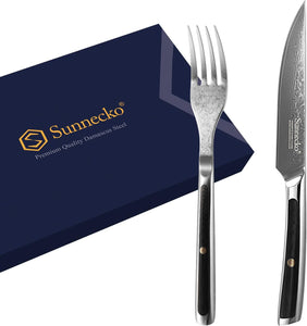 【Damascus Cutlery】Steak Knife Set Non Serrated, Japanese VG10 Stainless Steel Steak Knife and Fork Set of 2