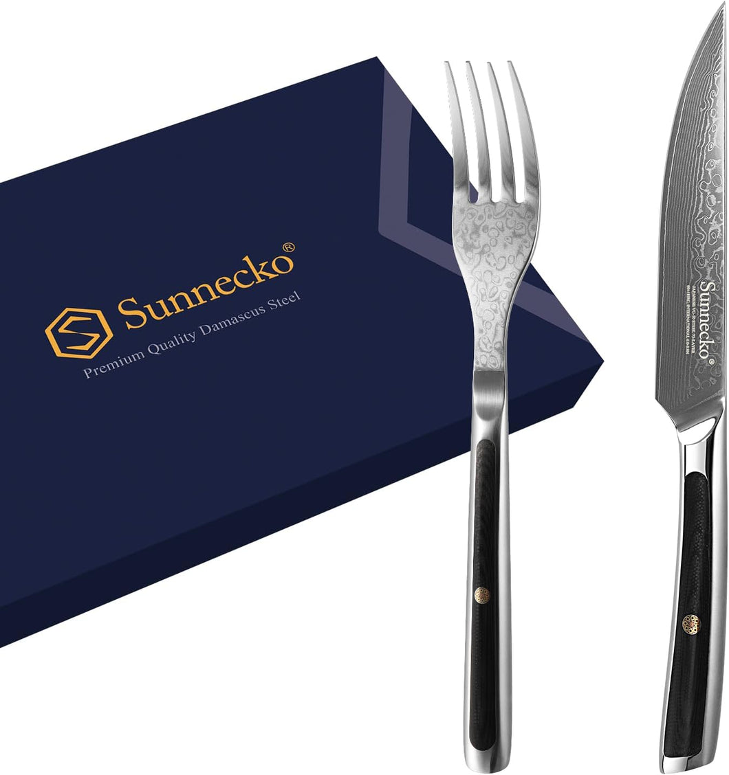 【Damascus Cutlery】Steak Knife Set Non Serrated, Japanese VG10 Stainless Steel Steak Knife and Fork Set of 2