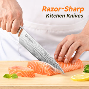Sunnecko 15 Piece Kitchen Knife Set with Wooden Block & Sharpener – High Carbon Stainless Steel Knives with White Handles