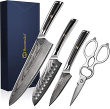 Load image into Gallery viewer, 【Damascus Kitchen Set with Scissors】Sunnecko Kitchen Knife Set of 4 pcs -Damascus Knife Gift for family &amp; friends
