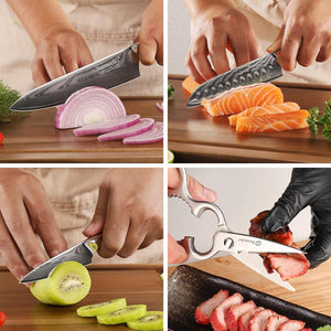 【Damascus Kitchen Set with Scissors】Sunnecko Kitchen Knife Set of 4 pcs -Damascus Knife Gift for family & friends