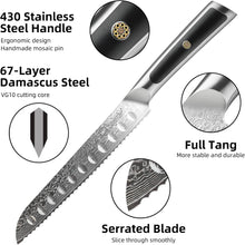 Load image into Gallery viewer, 【Elite A Series】Sunnecko 8&quot; Pointed Serrated Knife for Slicing Sourdough Bread Loaf Brisket VG10 Damascus
