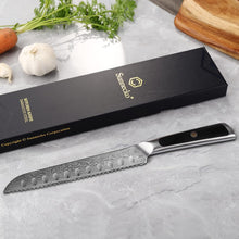 Load image into Gallery viewer, 【Elite A Series】Sunnecko 8&quot; Pointed Serrated Knife for Slicing Sourdough Bread Loaf Brisket VG10 Damascus
