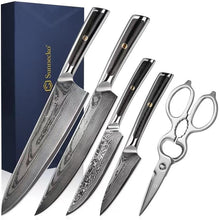 Load image into Gallery viewer, 【Damascus Kitchen Set with Scissors】Sunnecko Kitchen Knife Set of 5pcs-Damascus Knife Gift for family &amp; friends
