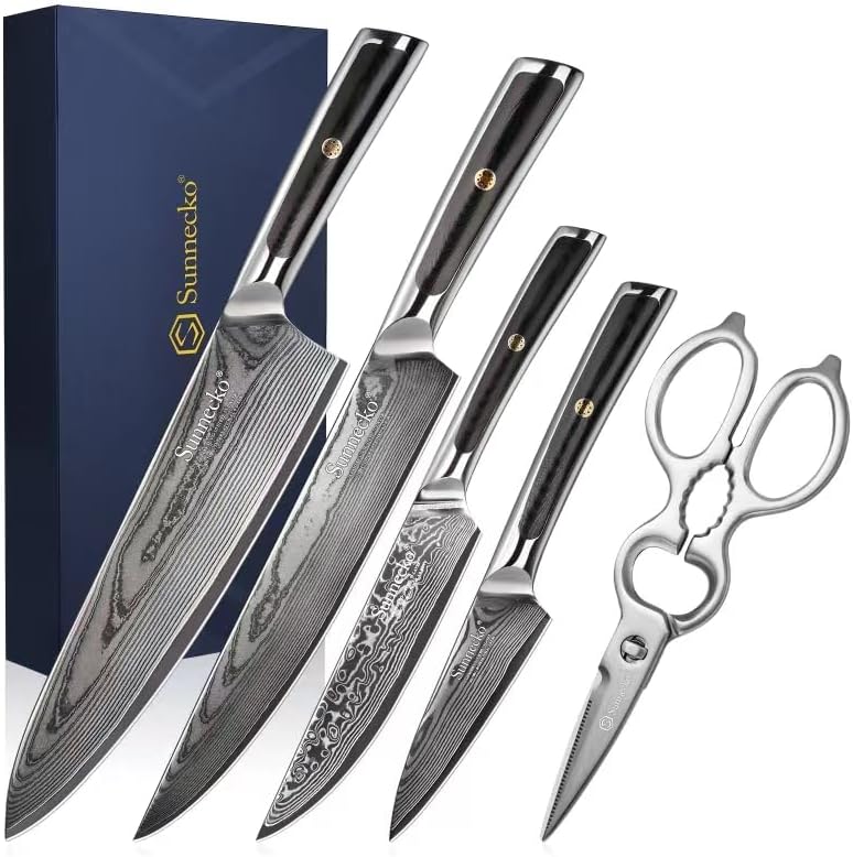 【Damascus Kitchen Set with Scissors】Sunnecko Kitchen Knife Set of 5pcs-Damascus Knife Gift for family & friends