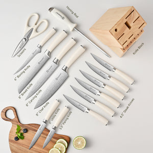 Sunnecko 15 Piece Kitchen Knife Set with Wooden Block & Sharpener – High Carbon Stainless Steel Knives with White Handles