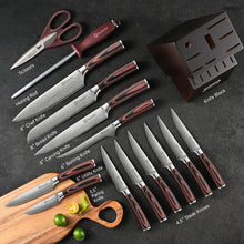 Load image into Gallery viewer, Sunnecko Knife Set with Block and Sharpener, 15 PCS Kitchen Knife Block Set Sharp Kitchen Knives High Carbon Stainless Steel with Pakkawood Handles
