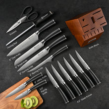 Load image into Gallery viewer, Sunnecko Knife Set with Block and Sharpener, 15 PCS Kitchen Knife Block Set Sharp Kitchen Knives High Carbon Stainless Steel with Black Handles

