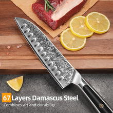 Load image into Gallery viewer, 【Elite A Series】Sunnecko VG10 Damascus 7 Inch Japanese Knife Santoku Hollow Edge
