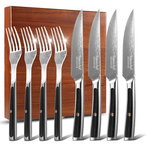 【Damascus Cutlery】Damascus Steel 8pcs 5" Non Serrated Steak Knife and Fork Set