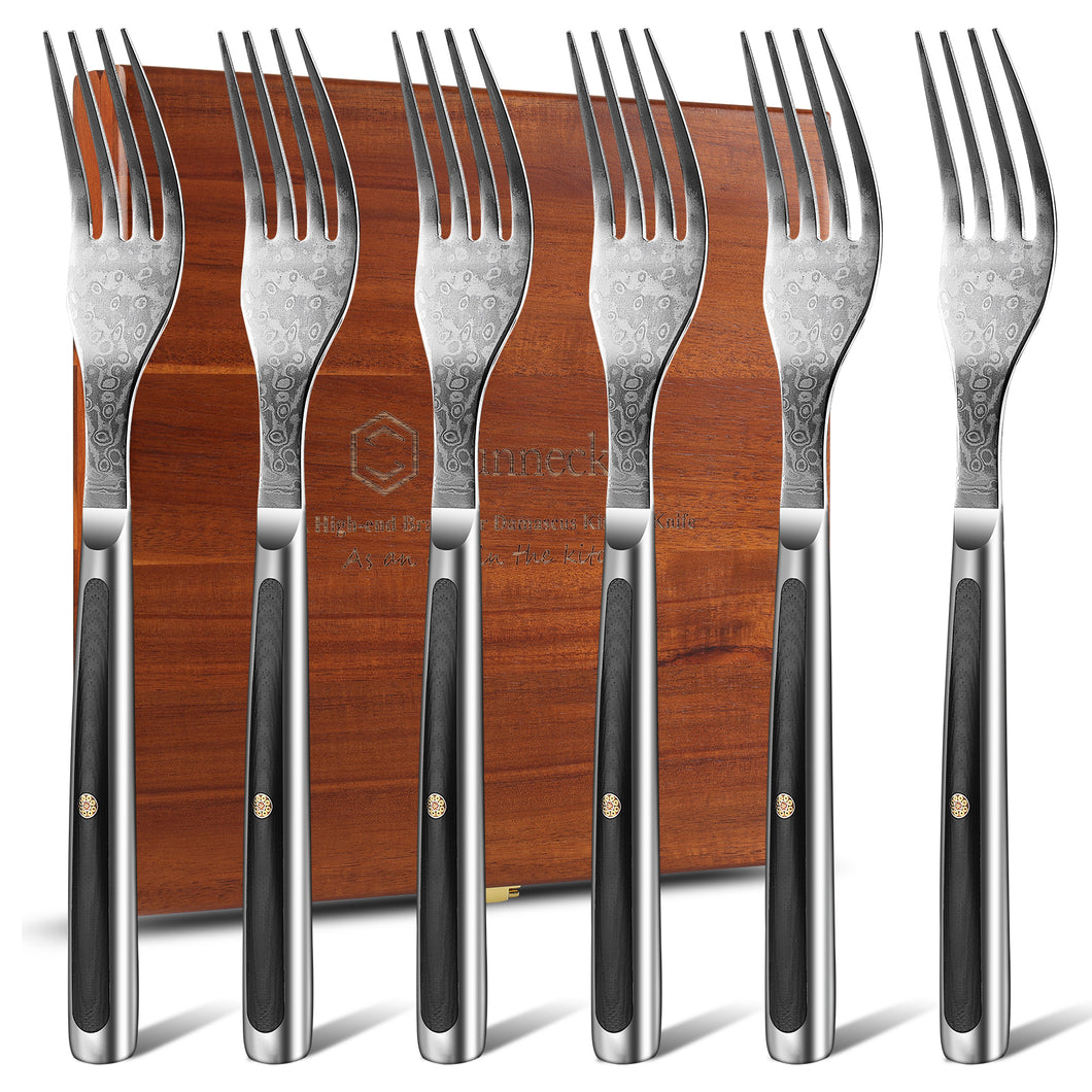 【Damascus Cutlery】Sunnecko Forks Set, Damascus Steak Forks 6 Pieces
