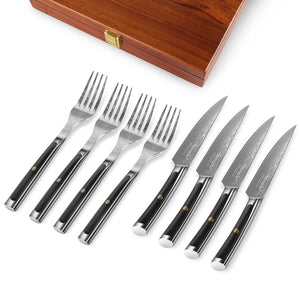 【Damascus Cutlery】Damascus Steel 8pcs 5" Non Serrated Steak Knife and Folk Set