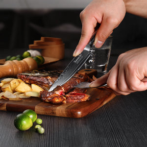 【Damascus Cutlery】Sunnecko Damascus 6 PCS Serrated Steak Knife and Fork Set