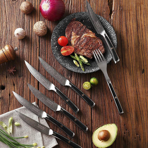 【Damascus Cutlery】6pcs 5" Damascus Non Serrated Steak Knives Set G10 Handle