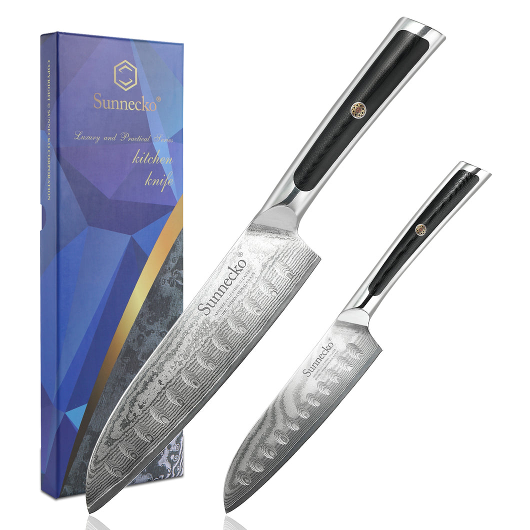 【Elite Series】2pc 5 Inch 7 Inch Santoku Knife Set Granton Blade Damascus Steel VG10