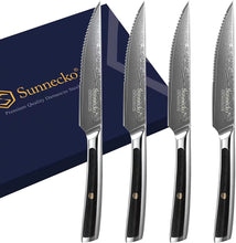 Load image into Gallery viewer, 【Damascus Cutlery】Sunnecko Damascus Steak Knives Set of 4, 5 Inch Serrated Steak Knives
