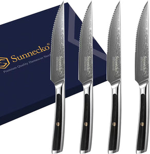 【Damascus Cutlery】Sunnecko Damascus Steak Knives Set of 4, 5 Inch Serrated Steak Knives