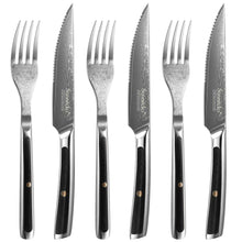 Load image into Gallery viewer, 【Damascus Cutlery】Damascus Steel 8pcs 5&quot; Steak Knife and Fork Set Serrated
