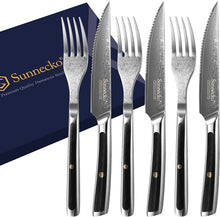 Load image into Gallery viewer, 【Damascus Cutlery】Sunnecko Damascus 6 PCS Serrated Steak Knife and Fork Set
