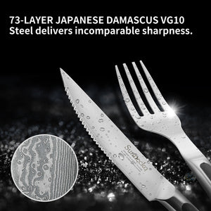 【Damascus Cutlery】Sunnecko Damascus 6 PCS Serrated Steak Knife and Fork Set