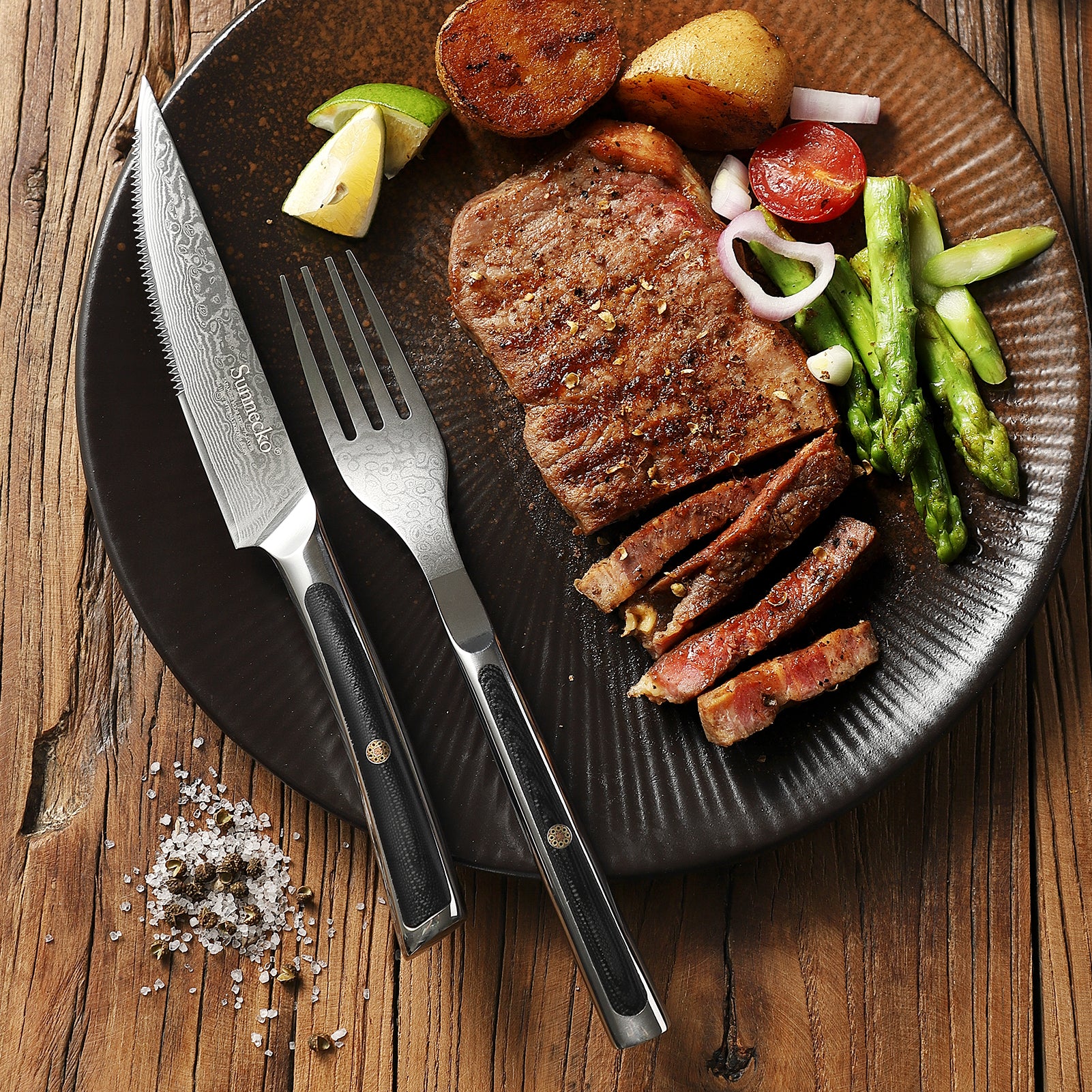 KEEMAKE Damascus 2pcs steak knives & 2pcs forks set with wooden box