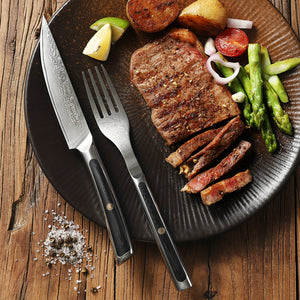 【Damascus Cutlery】Damascus Steel 8pcs 5" Non Serrated Steak Knife and Folk Set
