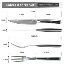 Load image into Gallery viewer, 【Damascus Cutlery】Sunnecko 4 PCS Damascus Serrated Steak Knife and Fork Set
