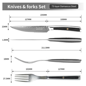 【Damascus Cutlery】Sunnecko 4 PCS Damascus Serrated Steak Knife and Fork Set