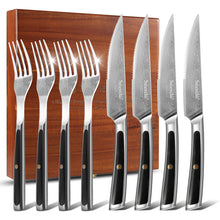 Load image into Gallery viewer, 【Damascus Cutlery】Damascus Steel 8pcs 5&quot; Steak Knife and Fork Set Serrated
