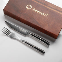 Load image into Gallery viewer, 【Damascus Cutlery】Sunnecko Damascus 6 PCS Serrated Steak Knife and Fork Set
